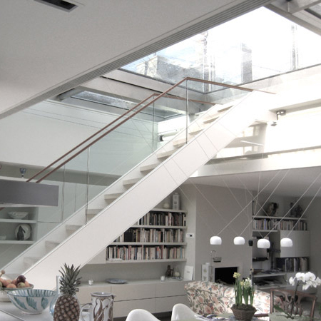 Sutherland Avenue: Steel, Glass & Oak Staircase Sutherland Avenue: Steel, Glass & Oak Staircase